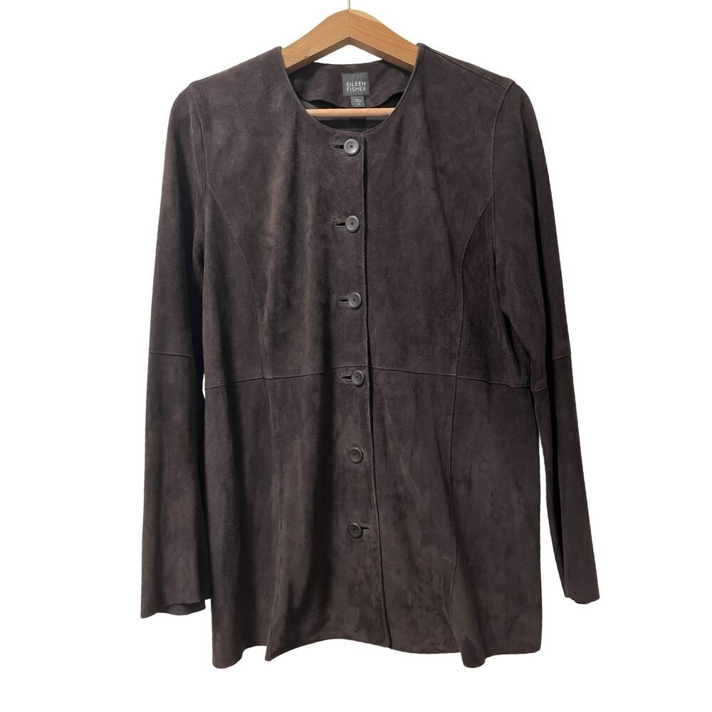Eileen Fisher Suede Goat Leather Long‎ Jacket Size M Brown Soft Quiet Luxury